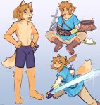  2021 anthro blue_clothing blue_eyes blue_topwear boots bottomwear breath_of_the_wild brown_boots brown_clothing brown_footwear brown_hair canid canine clothed clothing countershading footwear hair hi_res holding_object holding_sword holding_weapon link male mammal master_sword melee_weapon nintendo pants shield solo sususuigi sword the_legend_of_zelda topless topless_anthro topless_male topwear video_games weapon 