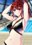  1girl anna_(fire_emblem) armpits arms_behind_head arms_up bangs bikini black_bikini black_swimsuit blurry blurry_background blush breasts closed_mouth collarbone commentary_request eyebrows_visible_through_hair fire_emblem hair_between_eyes indoors large_breasts lips long_hair looking_at_viewer navel pink_lips ponytail pool red_eyes red_hair rei_no_pool sideboob sidelocks smile solo swimsuit tara_(szzj7733) upper_body 