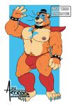  aereous animatronic anthro armpit_hair big_bulge blue_claws blue_eyes body_hair bow_tie bracelet bulge chest_hair claws clothed clothing dialogue dialogue_box digital_drawing_(artwork) digital_media_(artwork) ear_piercing five_nights_at_freddy&#039;s five_nights_at_freddy&#039;s:_security_breach freddy_(fnaf) fur glamrock_freddy_(fnaf) hat headgear headwear hi_res jewelry looking_at_viewer machine male mammal multicolored_body multicolored_fur musclegut muscular muscular_anthro muscular_arms muscular_male muscular_thighs nipples pecs piercing pubes robot scottgames shoulder_pads smile solo speedo spiked_bracelet spikes swimwear ursid ursine video_games 
