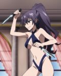  1girl akuma_no_riddle bikini breasts closed_mouth dual_wielding green_eyes holding holding_weapon knife large_breasts long_hair navel one-piece_swimsuit ponytail purple_hair screencap slingshot_swimsuit smile swimsuit takechi_otoya tied_hair weapon 