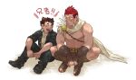  2boys abs bandaged_arm bandages bara bare_pectorals blush cape crossed_legs feather_hair_ornament feathers gakuran greek_clothes hair_ornament heterochromia male_focus master_1_(housamo) mature_male multiple_boys muscular muscular_male nipples pectorals pollux_(housamo) red_hair school_uniform short_hair sideburns smile tokyo_afterschool_summoners translation_request tsuna_(so_da77) white_cape 