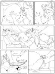  2018 4_toes 5_fingers absurd_res anthro assisted_exposure barefoot belly belly_rub big_belly black_and_white boxers_(clothing) breasts butt caleb_(foxcall) canid canine canis chest_tuft claws clothed clothing comic coyote digital_media_(artwork) digitigrade duo duo_radon eyes_closed feet female finger_claws fingers fox fur furniture hair hand_on_stomach head_on_stomach hi_res hindpaw humanoid_hands kissing kissing_belly living_room looking_at_another lying male male/female mammal monochrome navel on_back on_side on_sofa overweight overweight_anthro overweight_female overweight_male panties paws romantic romantic_couple sandra_(foxcall) shirt sleeping smile sofa squeakie toe_claws toes topless topless_male topwear tuft underwear undressing undressing_another 