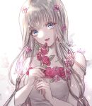  1girl :d bangs bare_shoulders blonde_hair breasts collarbone commission dress eyebrows_visible_through_hair flower happy holding holding_flower long_hair looking_at_viewer medium_breasts nail_polish off-shoulder_dress off_shoulder original pink_dress pink_nails red_flower skeb_commission smile solo twitter_username upper_body white_background z-epto_(chat-noir86) 