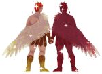  2boys bare_shoulders brothers castor_(housamo) from_behind full_body greek_clothes holding_hands male_focus multiple_boys muscular muscular_male pollux_(fate) red_hair short_hair siblings sideburns silhouette single_wing sparkle thighs tokyo_afterschool_summoners tsuna_(so_da77) wings 