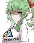  ... 1girl :&lt; alternate_costume fire_emblem fire_emblem:_mystery_of_the_emblem fire_emblem:_shadow_dragon_and_the_blade_of_light fire_emblem_awakening frown green_eyes green_hair group_name long_hair pointy_ears ponytail raised_eyebrow shaded_face shirt simple_background solo t-shirt thigh_high_tavi tiki_(fire_emblem) unamused 