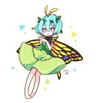  1girl antennae aqua_hair bad_id bad_twitter_id barefoot blush butterfly_wings cosmicmind dated dress eternity_larva eyebrows_visible_through_hair fairy full_body green_dress hair_between_eyes leaf leaf_on_head multicolored_clothes multicolored_dress open_mouth orange_eyes short_hair signature single_strap solo third-party_source touhou white_background wings 