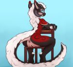  ankle_tuft anthro anus blue_eyes blue_sclera butt chair crossed_arms curved_horn derpyrider elbow_tufts female fluffy fluffy_tail fur furniture genitals hi_res horn leg_tuft looking_at_viewer looking_back neck_tuft nude pussy red_body simple_background sitting_backwards sitting_on_chair smile solo tuft white_body white_fur wickerbeast 
