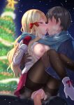  1boy 1girl ayase-mio black_legwear blonde_hair breasts christmas christmas_tree cum cum_in_pussy drooling french_kiss girl_on_top held_up highres holding holding_up kiss medium_breasts mittens open_clothes outdoors pantyhose princess_connect! pussy saliva saren_(princess_connect!) sex snow snowing tongue tongue_out yellow_eyes 