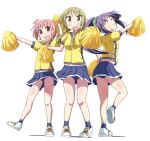  3girls ahoge bangs blonde_hair blue_panties blue_skirt blunt_bangs brown_eyes cheerleader closed_eyes commentary_request full_body highres hinata_yukari ichii_yui ki_(adotadot) long_hair looking_at_viewer multiple_girls nonohara_yuzuko open_mouth panties pink_hair pleated_skirt pom_pom_(cheerleading) purple_hair shirt shoes short_hair simple_background skirt sneakers standing underwear white_background white_footwear yellow_eyes yellow_shirt yuyushiki 