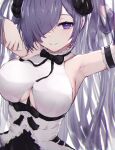  1girl armpits august_von_parseval_(azur_lane) azur_lane between_breasts black_bow black_dress bow breasts curled_horns dress framed_breasts hair_over_one_eye highres horns long_hair mechanical_horns official_alternate_costume purple_eyes purple_hair reizouko sleeveless sleeveless_dress solo strap_between_breasts two-tone_dress underboob very_long_hair white_dress 