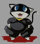  anthro atlus bandanna belly belly_overhang belt belt_pouch black_body black_fur blue_eyes colored domestic_cat ears_down fat_arms fat_rolls felid feline felis fur hands_on_hips hi_res kerchief male mammal megami_tensei megami_tensei_persona moobs morgana_(persona) navel open_mouth overweight overweight_male pivoted_ears raised_tail seatbelt shaded simple_background solo thick_thighs video_games white_body white_fur wide_hips yellow_bandanna yellow_kerchief 