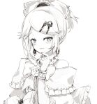  1girl aku_no_musume_(vocaloid) bare_shoulders bow bracelet choker dress dress_bow dress_flower earrings evillious_nendaiki flower frilled_dress frills greyscale hair_bow hair_ornament hairclip highres jewelry kagamine_rin looking_at_viewer monochrome oyamada_gamata puffy_sleeves riliane_lucifen_d&#039;autriche rose sidelocks smile solo updo vocaloid 