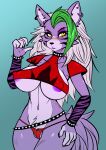  absurd_res anthro belt big_breasts blush breasts canid canine canis choker clothed clothing erect_nipples female five_nights_at_freddy&#039;s five_nights_at_freddy&#039;s:_security_breach fur green_hair hair hi_res jewelry looking_at_viewer mammal necklace nipple_slip nipples phaser_automata purple_body purple_fur roxanne_wolf_(fnaf) scottgames skimpy solo thong underwear video_games white_hair wolf yellow_eyes 