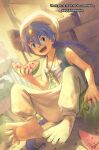  1boy aladdin_(magi) artist_request barefoot blue_eyes blue_hair child commentary commission english_commentary flute food fruit holding holding_food instrument long_hair looking_at_viewer magi_the_labyrinth_of_magic male_focus open_mouth sitting smile tayuji teeth turban wall watermelon 