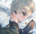  1boy age_difference blush child coat commentary eyebrows_visible_through_hair faceless faceless_male gloves highres looking_at_viewer male_focus open_mouth original scarf snow touching umibatari winter 