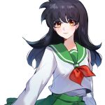  1girl bangs black_hair eyebrows_visible_through_hair green_skirt higurashi_kagome inuyasha long_hair long_sleeves looking_at_viewer mo_ta_(66616077) sailor_collar sailor_shirt school_uniform shirt skirt smile solo upper_body white_background white_shirt yellow_eyes 