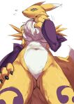  anthro armwear bandai_namco blue_eyes clothing digimon digimon_(species) female fur hi_res illust_kuma renamon sleeves solo white_body white_fur yellow_body yellow_fur 