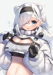  1girl :p animal_ears arknights aurora_(arknights) bear_ears black_gloves black_hairband blue_eyes blush breasts cleavage crop_top daifukumochi_(akaaokiiwo) extra_ears eyebrows_visible_through_hair eyes_visible_through_hair gloves hair_ornament hair_over_one_eye hairband hairclip high_collar highres large_breasts long_hair long_sleeves looking_at_viewer navel puffy_long_sleeves puffy_sleeves revealing_clothes shrug_(clothing) silver_hair simple_background smile solo stomach tongue tongue_out unzipped upper_body white_background 