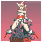  1girl border breast_grab breasts brown_hair christmas christmas_present clothes_down clothes_lift commentary cum cum_in_pussy english_commentary full_body gift grabbing hat highres interspecies large_breasts may_(pokemon) nipples open_mouth pokemon pokemon_(game) pokemon_rse red_headwear santa_hat sex signature tearing_up tentacle_sex tentacles the_tentacle_professor white_border 
