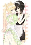  2girls apron back back_cutout black_choker black_hair blonde_hair blue_eyes blush bow bra bra_peek brown_eyes choker closed_mouth clothing_cutout collarbone comiket_87 diamond_cutout frills gradient gradient_eyes hand_on_another&#039;s_waist heart heart-shaped_pupils holding holding_hands long_hair looking_at_viewer looking_back mgg_(x_arte) multicolored_eyes multiple_girls original panties parted_lips patterned patterned_background patterned_clothing pink_lips pink_pupils purple_eyes red_bra red_lips short_hair smile symbol-shaped_pupils twintails underwear white_bow white_panties 