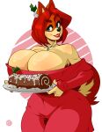  2019 5_fingers anthro big_breasts breasts canid canine canis christmas clothing dessert domestic_dog doppledadko female fingers food green_eyes hair hi_res holidays huge_breasts lips lipstick makeup mama_maria mammal red_hair smile solo yule_log 