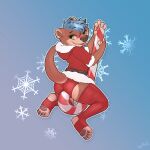  anthro blue_background blue_hair blush brown_body brown_fur candy candy_cane christmas christmas_clothing clothing dessert food fur green_eyes hair hi_res holidays legwear lutrine male mammal mustelid pawpads paws red_clothing red_legwear red_thigh_highs red_underwear riding simple_background skymafia snowflake solo thigh_highs tongue tongue_out underwear 