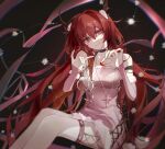  absurdres alternate_costume bangs choker cuffs dress eyebrows_visible_through_hair handcuffs heart highres horns jewelry lofter_username long_hair looking_at_viewer necklace nininisama pink_dress purple_eyes red_hair smile surtr_(arknights) thigh_strap 