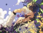  1boy bangs black_shirt blue_sky cloud cloudy_sky flower highres holding jacket looking_at_viewer mail marius_von_hagen_(tears_of_themis) mizhang17800476 outdoors polo_shirt purple_eyes purple_flower purple_hair purple_rose rose shirt sky smile solo tears_of_themis white_jacket 