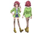  ahoge badge blouse button_badge coat denim denim_shorts green_coat green_eyes hair_ornament hairclip ichikawa_yoshiyuki kawamura_toshie sakata_ririko shorts thighhighs yellow_footwear 