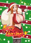  bleach blush breasts christmas cleavage cleavage_cutout clothing_cutout collar english_text gloves green_background grey_eyes happy hat highres holding holding_sack huge_breasts inoue_orihime iwao178 long_hair merry_christmas midriff navel open_mouth orange_hair pantyhose red_background sack santa_costume santa_gloves santa_hat skirt 