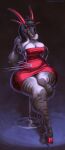  2021 4_horns 5_fingers anthro big_breasts big_calves biped black_hair bovid breasts caprine chair champagne_glass cleavage cleavage_overflow clothed clothing cloven_hooves curved_horn curvy_figure digital_media_(artwork) digital_painting_(artwork) dress elbow_tufts eyeshadow female fingers floppy_ears front_view fur furniture goat gradient_background grey_body grey_fur hair hi_res hooves horn hourglass_figure huge_thighs humanoid_hands light lighting long_ears makeup mammal multi_horn narrowed_eyes on_chair red_clothing red_dress red_eyes red_eyeshadow red_fingernails red_hooves red_horn red_nose sadnicole shaded short_dress short_hair simple_background sitting sitting_on_chair small_waist snout soft_shading solo striped_body striped_fur stripes table thick_thighs wide_hips 