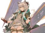  1girl animal_ear_fluff animal_ears arknights bangs black_coat blush bracelet breasts brown_gloves cat_ears coat coat_on_shoulders cowboy_shot dress eyebrows_visible_through_hair fingerless_gloves gloves green_eyes highres infection_monitor_(arknights) jewelry long_hair looking_at_viewer open_clothes open_coat panties pantyshot parted_lips rosmontis_(arknights) sakura_(1723231388) short_dress silver_hair simple_background skindentation small_breasts solo thigh_strap twitter_username underwear upskirt white_background white_panties 