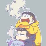  2boys bag bangs black_eyes black_hoodie black_sweater blunt_bangs breath brothers brown_hair cold commentary_request grey_background half-closed_eyes happy heart heart_in_mouth holding holding_bag hood hood_down hoodie lowres matsuno_ichimatsu matsuno_jyushimatsu multiple_boys open_mouth osomatsu-san outline oyama_yoihaya short_hair siblings simple_background sitting sleeves_past_fingers sleeves_past_wrists smile standing sweater translation_request upper_body white_outline wide-eyed winter_clothes yellow_hoodie yellow_sweater 