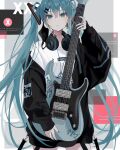  1girl alternate_costume aqua_background aqua_eyes aqua_hair barcode barcode_tattoo black_jacket border commentary earrings english_text finger_tattoo guitar hair_ornament hairclip hatsune_miku headphones headphones_around_neck highres holding holding_instrument instrument jacket jewelry long_hair long_sleeves looking_at_viewer nail_polish neck_tattoo number_earrings red_nails romaji_text shirt simple_background single_earring sleeves_past_wrists sutera_sea tattoo twintails unamused very_long_hair vocaloid white_shirt x_hair_ornament 