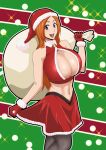  bleach blush breasts christmas cleavage cleavage_cutout clothing_cutout collar gloves green_background grey_eyes happy hat highres holding holding_sack huge_breasts inoue_orihime iwao178 long_hair midriff navel open_mouth orange_hair pantyhose red_background sack santa_costume santa_gloves santa_hat skirt 