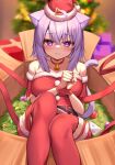 1girl animal_ears bell blush bound bound_wrists box breasts cat_ears cat_girl cat_tail choker christmas closed_mouth deaver hat highres hololive in_box in_container jingle_bell medium_hair neck_bell nekomata_okayu purple_eyes purple_hair red_choker red_legwear santa_costume santa_dress santa_hat sitting solo tail thighhighs virtual_youtuber 