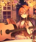  1girl brown_hair commentary_request dress falcon_(girls&#039;_frontline) girls&#039;_frontline gloves guitar hair_between_eyes head_scarf highres holding holding_notebook holding_pencil holding_plectrum instrument long_hair notebook on_chair pencil plectrum sitting solo suginakara_(user_ehfp8355) 