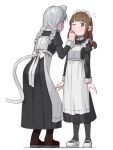  2girls animal_ears bangs blunt_bangs braid brown_eyes brown_hair cat_ears cat_girl cat_tail eyebrows_visible_through_hair full_body grey_hair juliet_sleeves long_sleeves looking_at_another maid maid_headdress multiple_girls one_eye_covered original puffy_sleeves saiste simple_background tail twin_braids white_background wiping_face 
