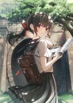  1girl absurdres bag black_hair bookbag clothes_lift highres looking_at_viewer looking_back omamori original ponytail red_eyes school_uniform serafuku skirt skirt_lift smile tunnel uni_sirasu 