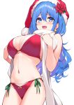  1girl bangs bikini blue_eyes blue_hair blush breasts christmas commentary_request cowboy_shot earrings eyebrows_visible_through_hair hat hisen_kaede jewelry kohitsuji_ai large_breasts long_hair looking_at_viewer navel open_mouth original red_bikini red_headwear santa_hat scarf simple_background smile solo swimsuit white_background white_scarf 