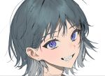  1girl commentary_request eyebrows_visible_through_hair face grey_hair grin looking_at_viewer original piercing_hole portrait purple_eyes short_hair simple_background smile solo torino_kawazu white_background 
