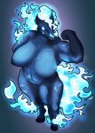  anthro big_breasts blue_body blue_eyes bone breasts curvy_figure equid equine female fire genitals glowing glowing_eyes hi_res horse huge_breasts mammal muscular muscular_female nipples nude pussy scar simple_background skull smile solo thick_thighs tolerain_(artist) voluptuous wide_hips 