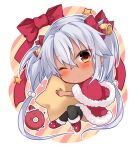  1girl 1other abyssal_ship bell black_legwear blush brown_eyes capelet chibi closed_mouth diagonal_stripes enemy_lifebuoy_(kancolle) eyebrows_visible_through_hair full_body fur-trimmed_capelet fur_trim glasses hair_bell hair_between_eyes hair_ornament hair_ribbon hat kantai_collection long_hair looking_at_viewer mashiro_yukiya musashi_(kancolle) one_eye_closed pom_pom_(clothes) red_capelet red_footwear red_headwear red_ribbon ribbon rimless_eyewear santa_costume santa_hat silver_hair star_(symbol) striped striped_background thighhighs two_side_up 