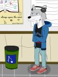  anthro blue_eyes bottomwear canid canine canis clothing denim denim_clothing footwear fur grey_body grey_fur headphones hi_res jeans male mammal pants red_clothing red_footwear red_shoes school shoes solo sweatshirt trash_can unknown_artist wolf 