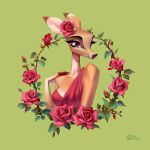  absurd_res anthro breasts brown_eyes cervid clothing dipstick_ears dress eyebrows eyelashes female flower fur green_background hand_on_shoulder hi_res holivi mammal multicolored_ears plant rose_(flower) simple_background smile solo 