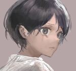  1boy black_hair brown_background closed_mouth commentary_request grey_eyes male_focus original portrait shirt short_hair simple_background solo tearing_up torino_kawazu white_shirt 