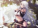  2girls absurdres ass black_legwear blue_eyes breasts garters grey_hair highres long_hair mecha_musume mitsu_(mitsu_art) mole mole_under_mouth multiple_girls navel nier_(series) nier_automata panties short_hair smile thighhighs thong topless tree underwear water waterfall watermark weapon white_hair yorha_no._2_type_b yorha_type_a_no._2 