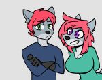  2020 anthro brother brother_and_sister canid canine canis clothed clothing duo female fur green_eyes grey_body grey_fur hair hand_on_chest hands_behind_back lemondude looking_at_viewer male mammal multicolored_body purple_eyes red_hair ryan_(lemondude) serena_(lemondude) sibling simple_background sister smile wolf 