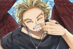  1boy absurdres barururunru black_shirt blonde_hair boku_no_hero_academia eye_contact eyeliner facial_hair feathered_wings hawks_(boku_no_hero_academia) highres jewelry looking_at_another looking_at_viewer makeup male_focus messy_hair necklace one_eye_closed red_stud_earrings red_wings ring shirt short_hair t-shirt teeth wings 