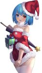 1girl :d alternate_costume bangs bare_shoulders blue_eyes blue_hair blush box breasts christmas clothes_pull collarbone commentary_request dress dress_pull eyelashes fur-trimmed_headwear fur-trimmed_sleeves fur_trim gift gift_box hat heterochromia highres holding holding_gift karakasa_obake looking_at_viewer oil-paper_umbrella open_mouth red_dress red_eyes santa_hat short_dress short_hair simple_background small_breasts smile solo standing tatara_kogasa thighhighs tilted_headwear touhou umbrella white_background white_legwear wide_sleeves yuujin_(yuzinn333) 